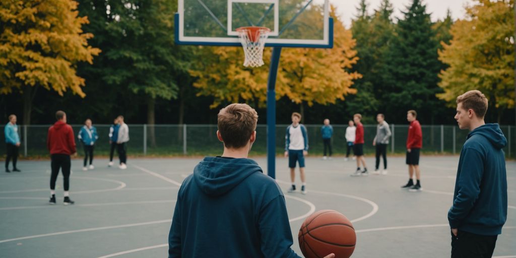 Jugendliche beim Basketballspielen auf einem städtischen Platz