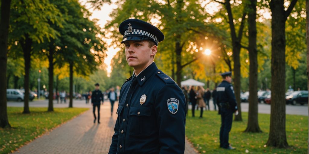 Polizist unterhält sich mit Jugendlichen im Park bei Sonnenuntergang.