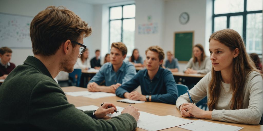 Schüler und Lehrer im Klassenzimmer, friedliche Diskussion