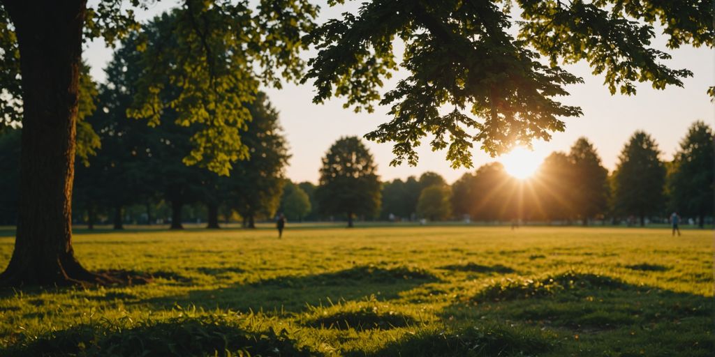 Gruppe von Menschen im Park bei Sonnenuntergang